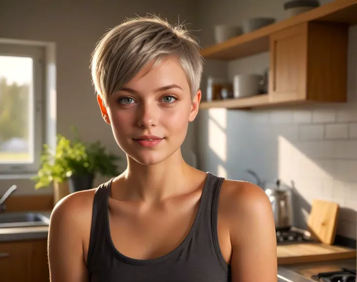 uncensored, Hasselblad Award Winner, ,studio quality, cute 20 yrs old latvian girl , happy ,buff skin, skin detail, multicolor eyes, shining gray pixie cut hair , Monochromatic , <lora:add-detail-xl:0.8> ,early morning, cozy kitchen , sun rays, triadic colors