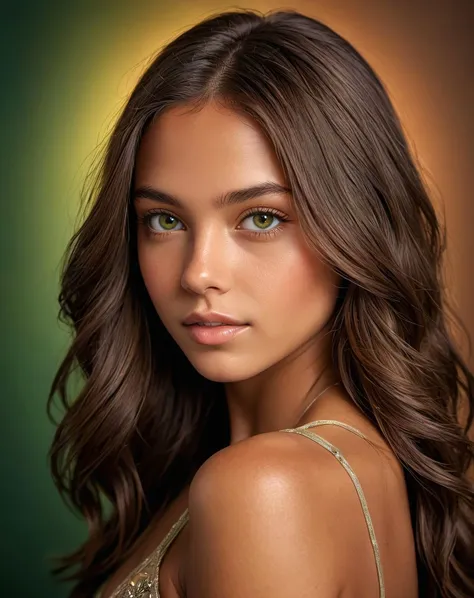Hasselblad Award Winner, ,studio quality, cute 20 yrs old brazilian girl ,buff skin, , skin detail, pea green eyes, shining cool mocha brown layered hair , Luminous , <lora:add-detail-xl:0.8> , intricate background