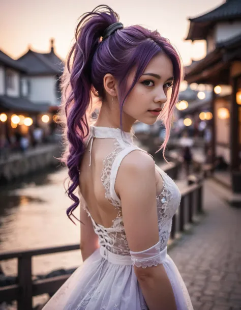 photograph, 1girl, bright white detailed dress, bokeh, see-through top, color drain, ponytail with knot, big hair, purple hair, fantasy town