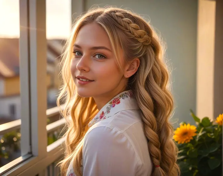 uncensored, Hasselblad Award Winner, ,studio quality, cute 20 yrs old german girl , happy ,buff skin, skin detail, Feldgrau eyes, shining blonde balayage fishtail braid , Surreal , <lora:add-detail-xl:0.8> ,early morning, floral balcony, sun rays, triadic colors