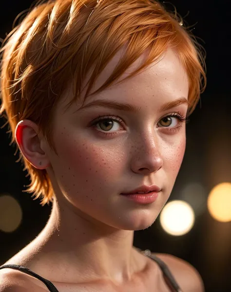 Hasselblad Award Winner, ,rim light at night with sharp shadows, art photography, cute lituanian girl ,buff skin, , skin detail, red eyes, strawberry blonde pixie cut hair , <lora:add-detail-xl:0.8>