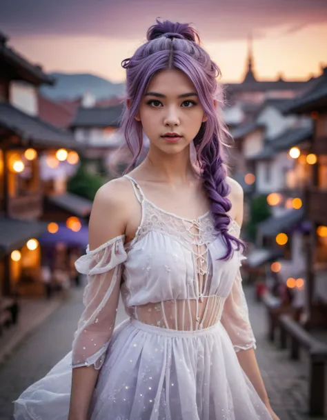 photograph, 1girl, bright white detailed dress, bokeh, see-through top, color drain, ponytail with knot, big hair, purple hair, fantasy town