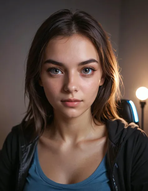 realistic face of a pretty girl gamer, streamer in gaming chair, in front of plain wall, looking into camera, reflection of ring light in eyes