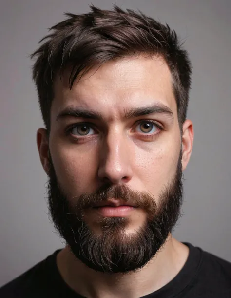 realistic face of a Twitch streamer, in front of plain wall, looking into camera, reflection of ring light in eyes, big beard, short cut hair
