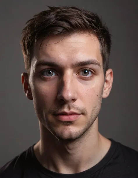 realistic face of a Twitch streamer, in front of plain wall, looking into camera, reflection of ring light in eyes