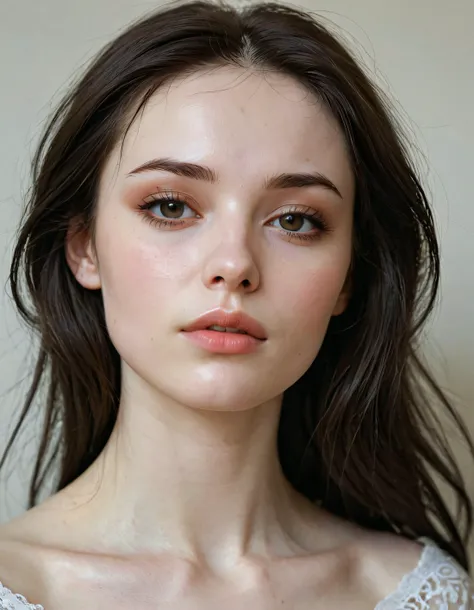 pale russian woman, dark brown hair, half long hair, very dark black eyes, cute face, almost black eyes pale skin, mouth closed, white skin