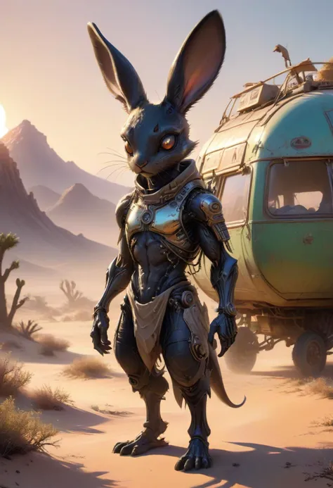 wimsical, fantasy concept art, ultra sharp, cute alien lifeform covered with plastic, desert caravan at sunrise, intricate details, punk, <lora:绪å¿XL æäººåå
å XUER Rabbit anthropomorphic:0.8> XUER Rabbit anthropomorphic, furry, rabbit