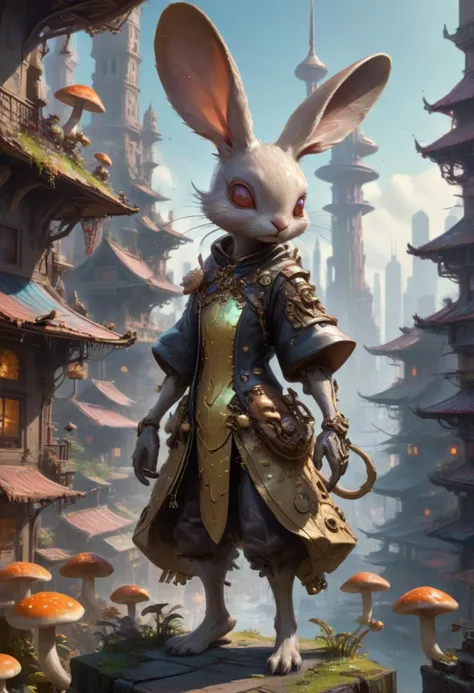 wimsical, fantasy concept art, ultra sharp, cute alien lifeform covered with mushrooms, futuristic cityscape, intricate details, guofeng, <lora:绪å¿XL æäººåå
å XUER Rabbit anthropomorphic:0.8> XUER Rabbit anthropomorphic, furry, rabbit