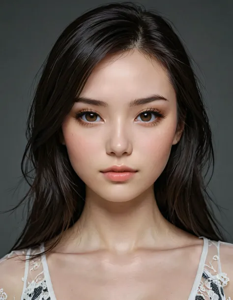 half russian, half asian, woman, dark brown hair, half long hair, very dark black eyes, cute face, almost black eyes pale skin, mouth closed