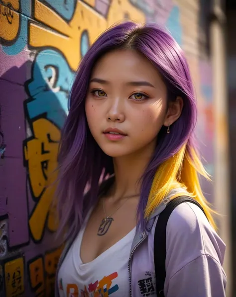 uncensored, Hasselblad Award Winner, studio quality, cute 20 yrs old chinese girl ,buff skin, skin detail, purple eyes, shining yellow layered hair , Graffiti , <lora:add-detail-xl:0.8> ,early morning, triadic colors, Wide range of colors, many details, Sharp details , dappled lighting, (backlighting:0.6)