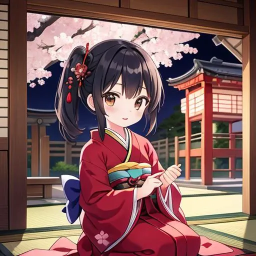 masterpiece,best quality,ultra detail,1girl,juuni,,shrine, <lora:juuni-001:0.7>,seiza,cherryblossom,black longhair,kanzashi,paper lantern,japanese porch,night