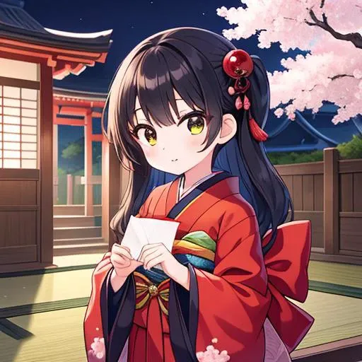 masterpiece,best quality,ultra detail,1girl,juuni,,shrine, <lora:juuni-001:0.7>,seiza,cherryblossom,black longhair,kanzashi,paper lantern,japanese porch,night