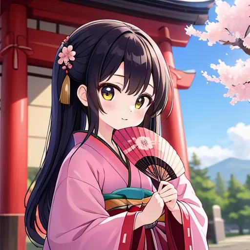 masterpiece,best quality,ultra detail,1girl,juuni, hold fan on face,shrine, <lora:juuni-001:0.7>,seiza,cherryblossom,black longhair,kanzashi