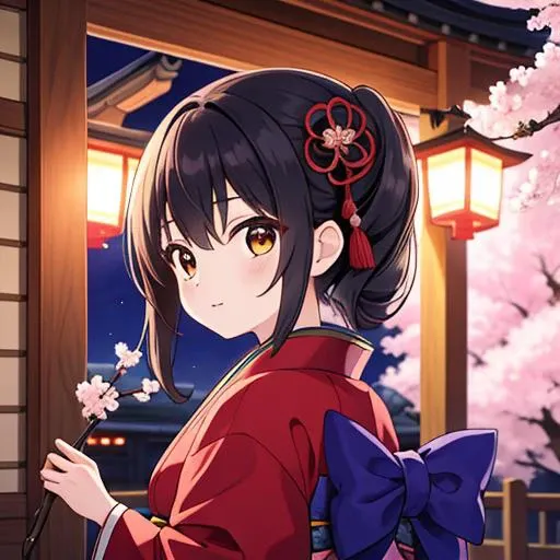 masterpiece,best quality,ultra detail,1girl,juuni,,shrine, <lora:juuni-001:0.7>,seiza,cherryblossom,black longhair,kanzashi,paper lantern,japanese porch,night