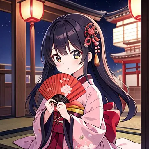 masterpiece,best quality,ultra detail,1girl,juuni, hold fan on face,shrine, <lora:juuni-001:0.7>,seiza,cherryblossom,black longhair,kanzashi,paper lantern,japanese porch,night