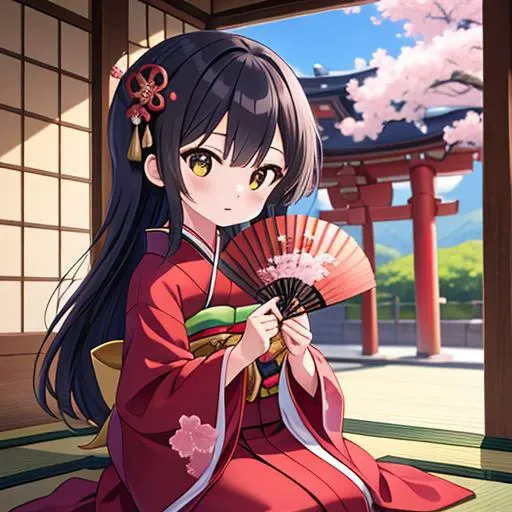 masterpiece,best quality,ultra detail,1girl,juuni, hold fan on face,shrine, <lora:juuni-001:0.7>,seiza,cherryblossom,black longhair,kanzashi,paper lantan,japanese porch