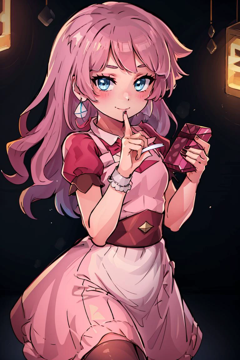(masterpiece, best quality:1.2), solo, beautiful eyes, <lora:Palentines_2022:0.6>, smile, looking at viewer,
<lora:kirishima_romin:0.7>, aaromin, long hair, bangs, pink hair, blue eyes,
blush, box, closed mouth, commentary request, creatures (company), dress, earrings, eyelashes, game freak, gift, gift box, holding, holding gift, jewelry, looking at viewer, nail polish, nintendo, pink dress, red shirt, shirt, short sleeves, waist apron, wrist cuffs
