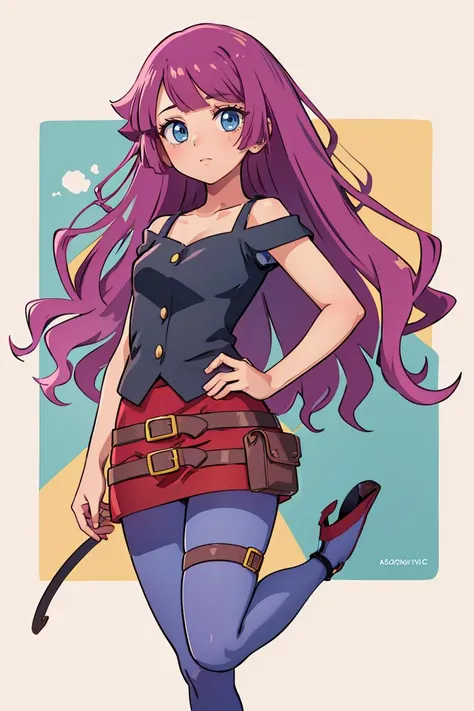 (masterpiece, best quality), 1girl, <lora:kirishima_romin:0.8> aaromin,long hair,bangs,off shoulder,black shirt,belt,red skirt,pantyhose,blue pantyhose,thigh strap,high heels,red footwear,