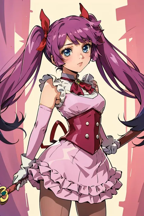 (masterpiece, best quality), 1girl, <lora:kirishima_romin:0.8> ccromin,long hair,twintails,bangs,magical girl,pink dress,sleeveless,elbow gloves,white gloves,corset,ribbon,skirt,pantyhose,socks,high heels
