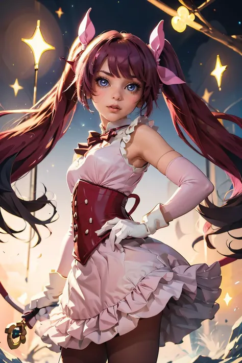 (masterpiece, best quality), 1girl, <lora:kirishima_romin:0.8> ccromin,long hair,twintails,bangs,magical girl,pink dress,sleeveless,elbow gloves,white gloves,corset,ribbon,skirt,pantyhose,socks,high heels