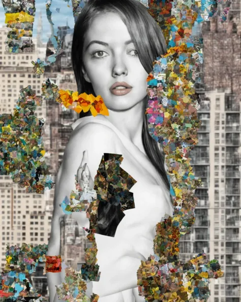 collage-cutouts, portrait of a woman, new york city, cityscape as collage-cutouts, manhattan, highly detailed, large letters