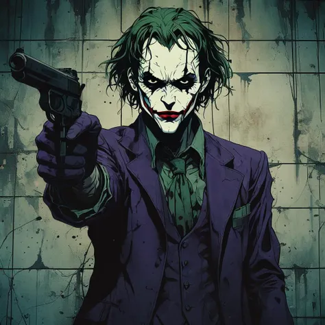 dark anime, The Joker pointing a gun to the viewer <lora:Dark_Anime:0.8>