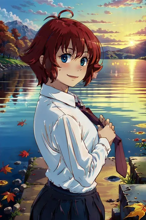 (masterpiece, best quality, detailed), 1girl, solo, kanbara satomi, white shirt, pleated skirt, necktie, <lora:KanSP:1>, autumn, autumn leaves, beach, blue sky, blush, closed mouth, cloud, cloudy sky, day, field, flower, flowerfield, horizon, lake, leaf, looking at viewer, mountain, mountainous horizon, ocean, outdoors, palm tree, petals, plant, red flower, sky, smile, standing, sunset, tree, twilight, water, perfect eyes