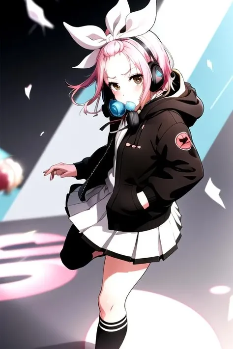 <lora:ShinobuInuyose-03:0.8>,  shinobuinuyose, looking at viewer, skirt, long sleeves, ribbon, brown eyes,  jacket, hair ribbon, pleated skirt, shoes, socks, hood, black footwear, black jacket, headphones, standing on one leg, white skirt, hood down, white ribbon, hands in pockets, headphones around neck, bubble blowing, chewing gum