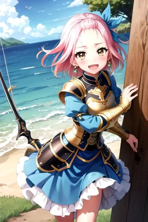 <lora:ShinobuInuyose-03:0.8>, shinobuinuyose, looking at viewer, blush, smile, open mouth, long sleeves, dress, holding, brown eyes, jewelry, weapon, :d, earrings, outdoors, frills, sky, day, cloud, water, holding weapon, armor, blue sky, dutch angle, sparkle, blue dress, shoulder armor, gauntlets, forehead, fish, shield, water drop, glint, fishing rod, holding fishing rod