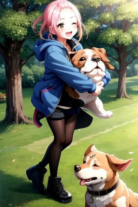 <lora:ShinobuInuyose-03:0.8>, shinobuinuyose, blush, smile, open mouth, long sleeves, brown eyes, jacket, pantyhose, outdoors, one eye closed, sky, shoes, shorts, day, black footwear, short shorts, hug, animal, black shorts, ;d, grass, blue jacket, forehead, ball, dog, basketball
