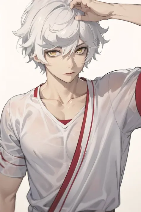 masterpiece, best quality, high quality, 1boy, solo, male focus, looking at viewer, upper body, <lora:gabimaru:0.66>, gabimaru, white hair, yellow eyes, , realistic, sportswear
