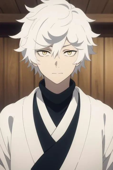 masterpiece, best quality, high quality, 1boy, solo, male focus, looking at viewer, upper body, <lora:gabimaru:0.64>, gabimaru, white hair, yellow eyes, , ,