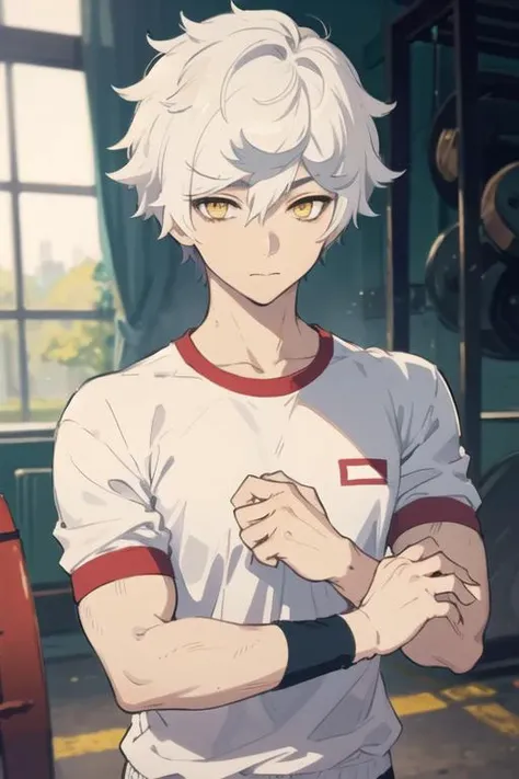 masterpiece, best quality, high quality, 1boy, solo, male focus, looking at viewer, upper body, <lora:gabimaru:0.60>, gabimaru, white hair, yellow eyes, , , gym uniform