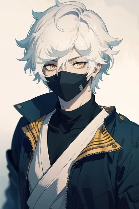 masterpiece, best quality, high quality, 1boy, solo, male focus, looking at viewer, upper body, <lora:gabimaru:0.70>, gabimaru, white hair, yellow eyes, mask, realistic, jacket