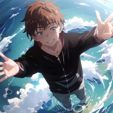masterpiece, best quality,absurdres, 1boy,Kazuya Kinoshita, from above, open arms,pov, blush,catching, smile, outdoors,