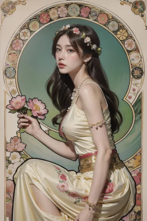1girl,mucha art style,graphic illustration style,headwear,jewelry,pearls and jewels,d background,summer long skirt,, best quality,masterpiece,(photo realistic),