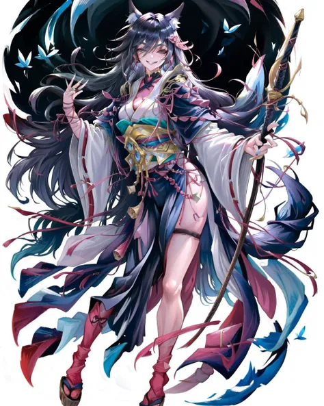 <lora:warrior:1> 1girl, samurai, centre parting bangs, asymmetric bangs, eyeshadow, wolf ears, japanese_clothes, evil smile, highres, comic, (((ink))), ((watercolor))
