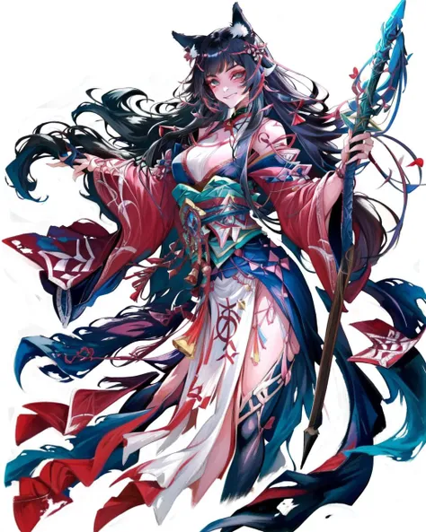 <lora:warrior:1> 1girl, samurai, centre parting bangs, asymmetric bangs, eyeshadow, wolf ears, japanese_clothes, evil smile, highres, comic, (((ink))), ((watercolor))