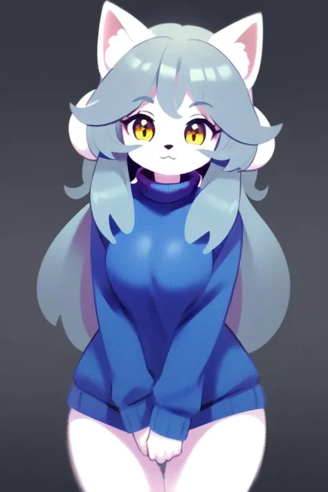 <hypernet:temmie:0.8> temmie, 1girl, furry, four ears, long gray hair, blue and yellow striped sweater, fluffy fur texture, bottomless, cat girl