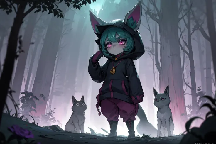<lora:vexLeagueOfLegends_v10:1>, Vex, Volumetric Lighting, Best Shadows, Shallow Depth of Field, Portrait Of Stunningly Beautiful Girl, Yordle, Ears Fur, Delicate Beautiful Attractive Face With Sharpening Purple Eyes, Glowing Slit Pupils, Frown Thick Eyebrows, Sleepy Eyes, Expressionless, Closed Mouth, Lovely Small Breasts, (Grey Skin:1.4), Layered Short Green Wavy Hair, Blush Eyeshadow, Thick Eyelashes, Jewelry Necklace, In Hoodie, With Very Long Sleeves, Purple Loose Pants, Boots, Living Shadow, Deep Forest At Night, Withered Trees, [Pitch Darkness], Through The Mist, Oil Lantern, Rose Flower, Standing, (Highest Quality, Amazing Details:1.25), (Solo:1.3), Brilliant Colorful Paintings