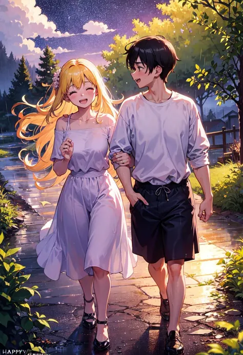 (happy couple:1.3), (after the rain:1.5), running, (night time, shining stars:1.3), (nature reserve:1.3), sunset, purple, pink, indigo