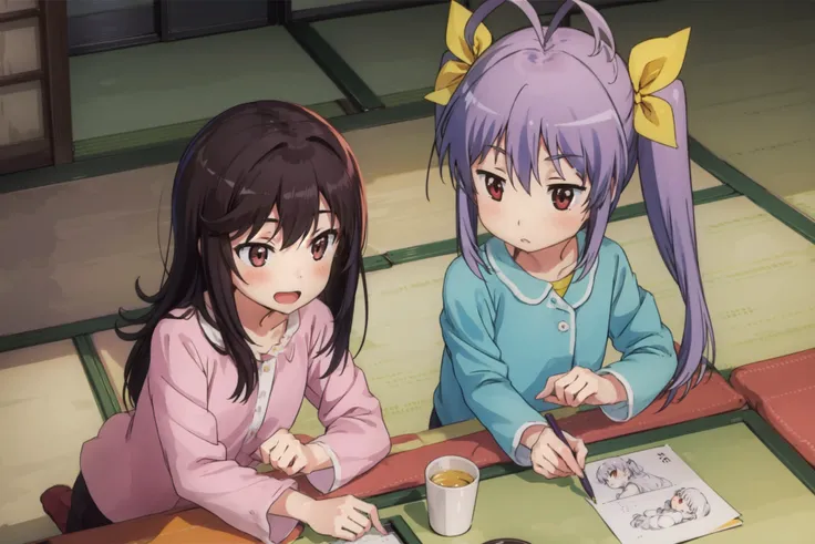 (masterpiece:1.4), <lora:style-kantokuBV2:0.95>, pajamas, tatami, <lora:GoodHands:1>, 2girls,