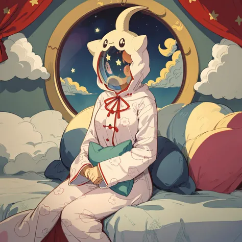 strange head,(moon head:1.2), Natural Volumetric Lighting And Best Shadows, Deep Depth Of Field, Sharp Focus, Lovely Small Breasts, Cute Kigurumi Pajamas, (Huging Long Pillow:1.1), (Sitting On Moon/Stars/Clouds Patterned Lovely Duvet Bed:1.2), (Loft Bedroom Under Circular Window:1.15), Brilliant Colorful Paintings,no humans