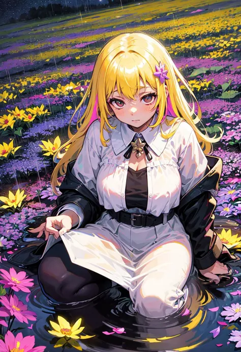 a girl, (after the rain:1.5), sitting in a puddle, (night time, shining stars:1.3), (flower field, glowing, bloom, chromatic, colourful:1.3),