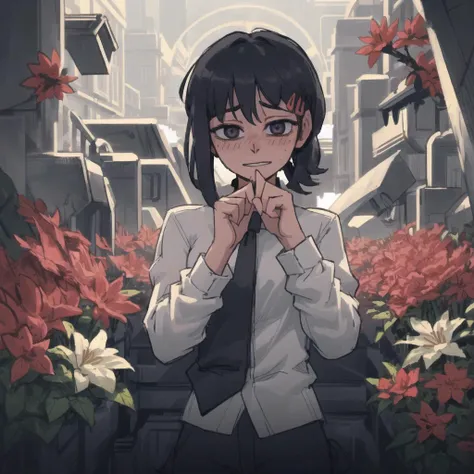 masterpiece, best quality, ultra-detailed, illustration, epic lighting, cinematic composition, isometric, 1girl, cute, petite, (beautiful) blue eyes, black hair, swept bangs, single sidelock, red hairclip, white collared shirt, black necktie, sitting, looking at viewer, parted lips, (8k:1.1), <lora:Nao_LoRA:1>,  <lora:Helltaker:0.5>, ((excited)), [[[smiling]]], (((blushing))), red flowers, (((masterpiece))),(((bestquality))),((ultra-detailed)),(illustration),((anextremelydelicateandbeautiful)),(beautifuldetailedeyes),(detailedlight)