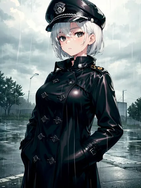 ((masterpiece, best quality)), (1girl), (solo), (female focus), (white hair, short hair, undercut), black eyes, (black peaked cap), black military uniform, (black trench coat, long trench coat), wet clothes, (hands in pockets), (heavy rain, rainy, cloudy sky), standing, medium breasts