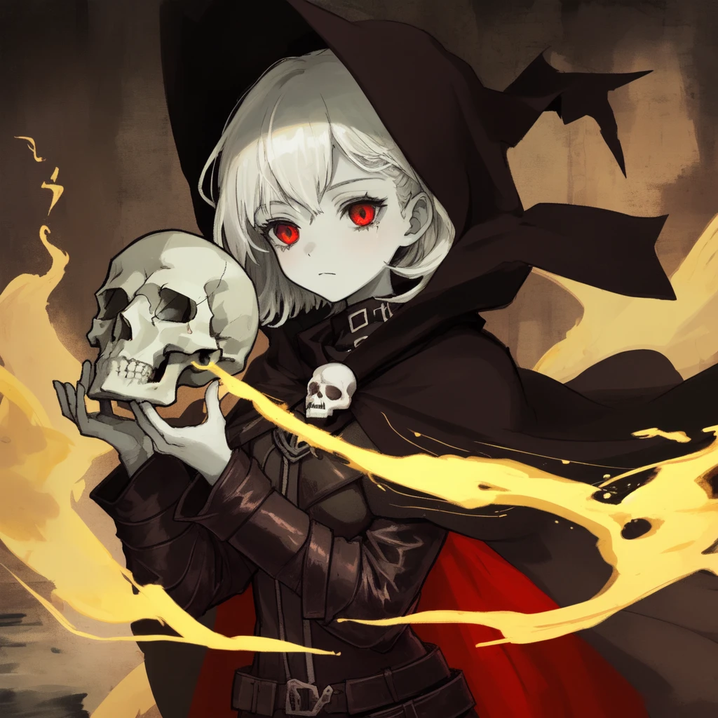 1girl, solo, lord of the dead, necromancer, cloak, black leather, ephemeral skull