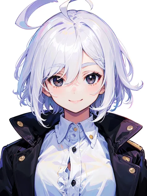 ((masterpiece, best quality)), (1girl), (solo), (female focus), (ahoge, white hair, short hair), black eyes, light smile, ((white shirt), (buttoned shirt)), white background, portrait