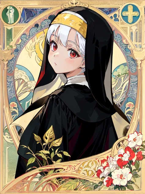 ((masterpiece, best quality)), 1girl, solo, white hair, short hair, undercut, red eyes, ((gold embroidered clothes:1.0), (black nun veil:1.0), (black cassock:1.0)), (art nouveau:1.3), detailed gold pattern background, looking back