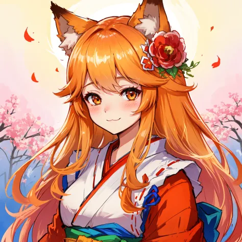 masterpiece, best quality, highly detailed, 1girl, solo, (:3:1.1), animal ear fluff, animal ears, orange hair, fluffy hair, blush, brown eyes, flower, fox ears, fox girl, gradient, gradient background, hair flower, hair ornament, japanese clothes, kimono, looking at viewer, miko, smile, solo, white kimono, beautiful lighting, (Alena Aenami:1.3)